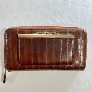 Genuine Eel Skin Wallet  Copper Zip Around Organizer coin purse Vintage snap